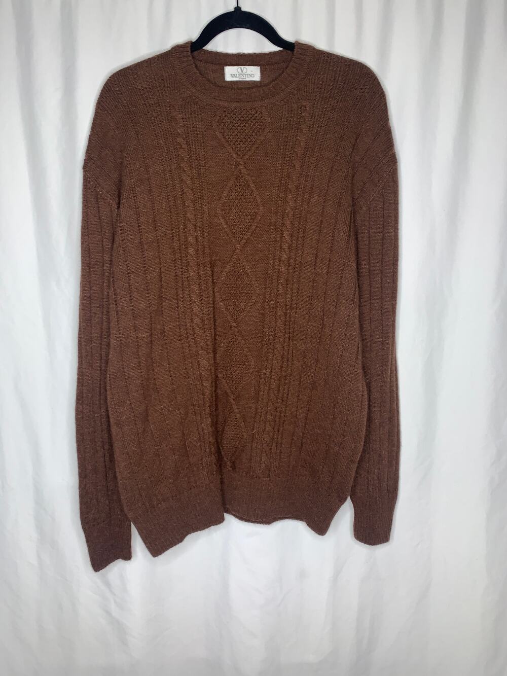 VALENTINO Mens VTG Sweater Wool Cable Knit Long Sleeve Crew Neck Brown -